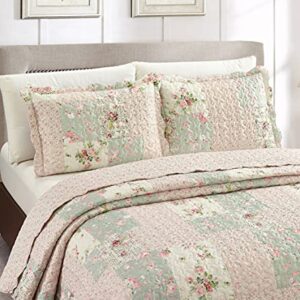 Brilliant Sunshine Traditional Rose and Sage Patchwork, with Rose Bud Patch Frames, 3-Piece Quilt Set with 2 Shams, Reversible Bedspread, Lightweight Coverlet, All-Season, Full/Queen, Light Rose Sage