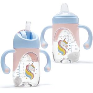 sippy cups for baby 6+ months unicorns sippy cup for 1+ year old - 2 in 1 spout & straw baby sippy cups 6-12 months toddler no spill transition weighted straw sippy cup - 8 oz. (1 cup with 2 nipples)