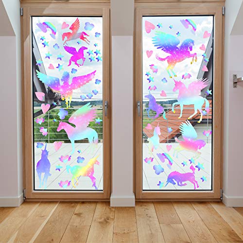 Unicorn Peel and Stick Wall Decal Giant Glitter Unicorn Wall Sticker Kids Room Nursery Cartoon Wall Decals Removable DIY Cartoon Party Wallpaper for Playroom Living Room Decor (Rainbow Color Series)
