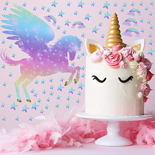 Unicorn Peel and Stick Wall Decal Giant Glitter Unicorn Wall Sticker Kids Room Nursery Cartoon Wall Decals Removable DIY Cartoon Party Wallpaper for Playroom Living Room Decor (Rainbow Color Series)