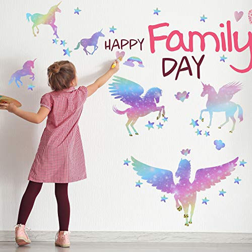 Unicorn Peel and Stick Wall Decal Giant Glitter Unicorn Wall Sticker Kids Room Nursery Cartoon Wall Decals Removable DIY Cartoon Party Wallpaper for Playroom Living Room Decor (Rainbow Color Series)