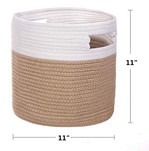 ZFRXZ Cotton Rope Storage Baskets with Handles Set of 2, Laundry Basket Hamper for Baby Toys Blankets, Decorative Woven Plants Basket, Cube Bins Containers Organizers 11"x11" (White-Jute)