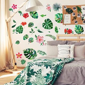 66 Pieces Large Palm Leaves Wall Decals Tropical Hibiscus Flower Peel Removable Stickers Green Plants Fresh Leaves Stickers for Kids Baby DIY Bedroom Living Room Office Bathroom Wall Corner