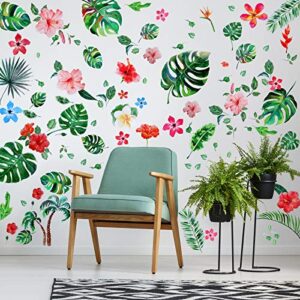 66 pieces large palm leaves wall decals tropical hibiscus flower peel removable stickers green plants fresh leaves stickers for kids baby diy bedroom living room office bathroom wall corner