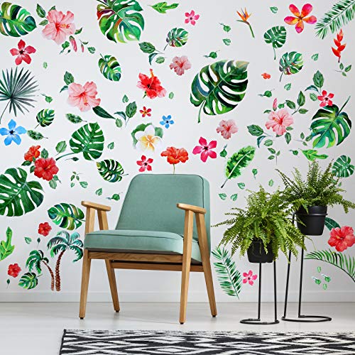 66 Pieces Large Palm Leaves Wall Decals Tropical Hibiscus Flower Peel Removable Stickers Green Plants Fresh Leaves Stickers for Kids Baby DIY Bedroom Living Room Office Bathroom Wall Corner