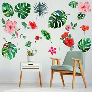 66 Pieces Large Palm Leaves Wall Decals Tropical Hibiscus Flower Peel Removable Stickers Green Plants Fresh Leaves Stickers for Kids Baby DIY Bedroom Living Room Office Bathroom Wall Corner