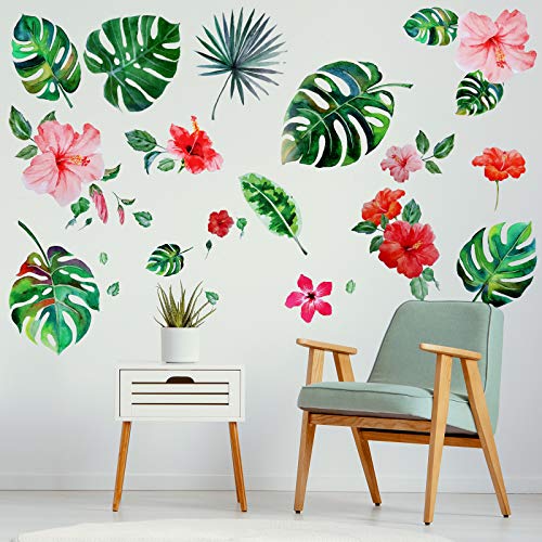 66 Pieces Large Palm Leaves Wall Decals Tropical Hibiscus Flower Peel Removable Stickers Green Plants Fresh Leaves Stickers for Kids Baby DIY Bedroom Living Room Office Bathroom Wall Corner