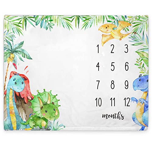 Popfavors Dinosaur Baby Monthly Milestone Blanket, Dinosaur Baby Growth Chart Milestone Blanket, Newborn Month Blanket for Boy & Girl, Includes Marker (50"x40")