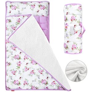toddler nap mat for girls floral, warm kids sleeping mat with removable pillow and fleece minky blanket, lightweight perfect for kids preschool, daycare, travel sleeping bag, fit standard cot