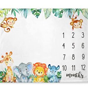 Safari Jungle Baby Monthly Milestone Blanket, Jungle Animals Milestone Blanket for New Mom, Giraffe Elephant Baby Growth Chart Monthly Blanket, Includes Marker (Blue, 50"x40")