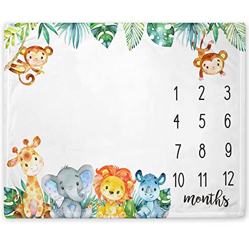 Safari Jungle Baby Monthly Milestone Blanket, Jungle Animals Milestone Blanket for New Mom, Giraffe Elephant Baby Growth Chart Monthly Blanket, Includes Marker (Blue, 50"x40")