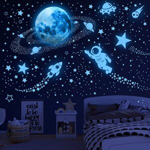 glow in the dark stars for ceiling,outer space planet wall stickers glow in the dark galaxy universe wall decal solar system rockets alien wall decor for kids boys girls bedroom nursery playroom ceiling decor