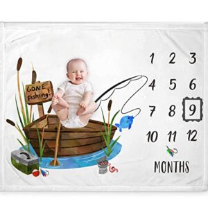 Popfavors Fishing Baby Monthly Milestone Blanket, Gone Fishing Baby Boy Growth Chart Milestone Photo Blanket, Fishing Boat Newborn, Includes Marker (50x40)