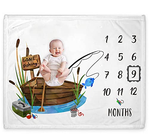 Popfavors Fishing Baby Monthly Milestone Blanket, Gone Fishing Baby Boy Growth Chart Milestone Photo Blanket, Fishing Boat Newborn, Includes Marker (50x40)