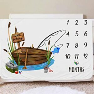 Popfavors Fishing Baby Monthly Milestone Blanket, Gone Fishing Baby Boy Growth Chart Milestone Photo Blanket, Fishing Boat Newborn, Includes Marker (50x40)