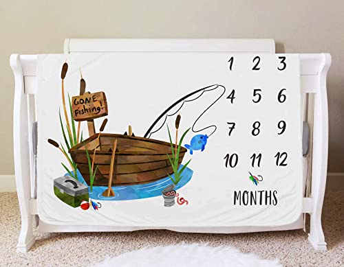Popfavors Fishing Baby Monthly Milestone Blanket, Gone Fishing Baby Boy Growth Chart Milestone Photo Blanket, Fishing Boat Newborn, Includes Marker (50x40)