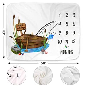 Popfavors Fishing Baby Monthly Milestone Blanket, Gone Fishing Baby Boy Growth Chart Milestone Photo Blanket, Fishing Boat Newborn, Includes Marker (50x40)