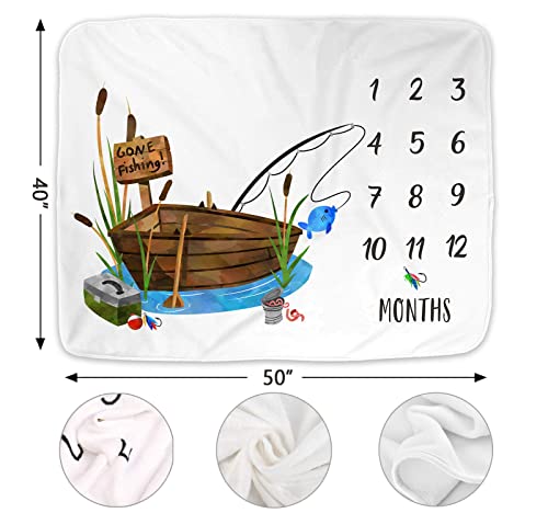 Popfavors Fishing Baby Monthly Milestone Blanket, Gone Fishing Baby Boy Growth Chart Milestone Photo Blanket, Fishing Boat Newborn, Includes Marker (50x40)