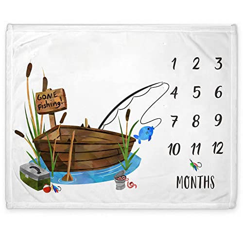 Popfavors Fishing Baby Monthly Milestone Blanket, Gone Fishing Baby Boy Growth Chart Milestone Photo Blanket, Fishing Boat Newborn, Includes Marker (50x40)