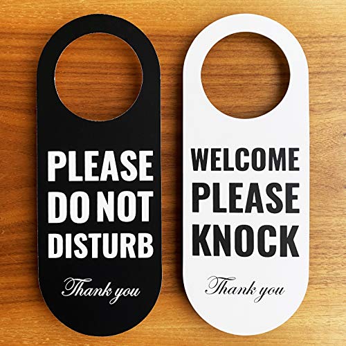 Do Not Disturb Door Hanger Sign 2 Pack (Black/White Double Sided) Please Do Not Disturb on Front and Welcome Please Knock on Back Side, for Office Home Clinic Dorm Online Class and Meeting Session