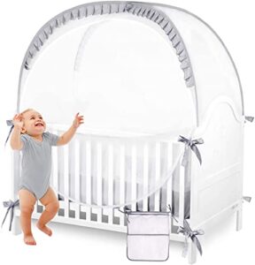 zxplo baby safety crib tent infant pop up mosquito net nursery bed canopy netting cover - keep baby from climbing out with hanging diaper storage bag (gray)