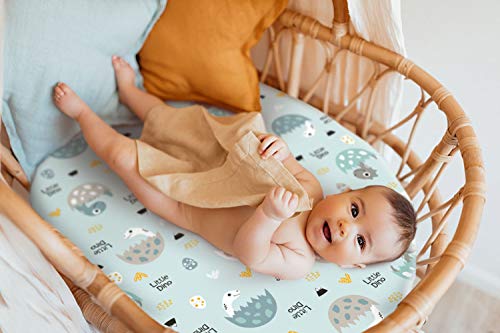 GRSSDER Stretchy Ultra Soft Fitted Bassinet Sheet Set 2 Pack, Universal Fit for Bassinets Baby Cradle Moses Basket Oval Rectangle Pad/Mattress, Happy Dinosaurs Bassinet Sheets for Girls and Boys