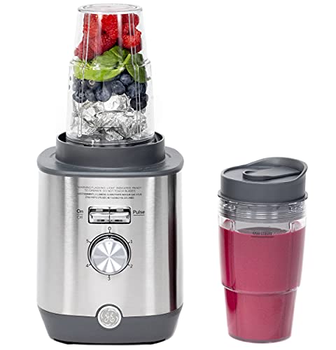 GE 5-Speed Blender + (2) 16 Ounce Blender Cups | Kitchen Essentials Blender for Shakes, Smoothies & More | Large 64 oz Tritan Jar, 8-10 Servings | Stainless Steel Blades & Exterior Finish | 1000 Watts