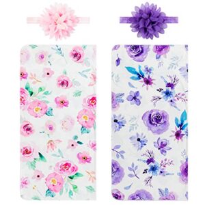 R HORSE Newborn Baby Swaddle Blankets Headband Sets Including 2 Pack of Swaddle Blanket & Headband Floral Pattern Receiving Blankets for Baby Shower Newborn Gift (0-3 Months)