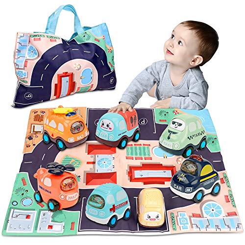 Baby Toy Cars for 1 Year Old Boy | 7 Set Push and Go Vehicles Friction Powered Cars Toy with Play Mat/Storage Bag for Toddlers | Early Educational Toys and Birthday Gift for 1 2 3 Years Old Boys Girls