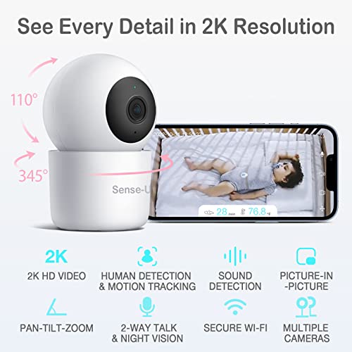 Sense-U Smart 2K Video Baby Monitor, FSA & HSA Eligible, Pan/Tilt, Person/Baby Crying/Motion Detection, 2-Way Talk, Night Vision, Background Audio, No Monthly Fee, (Compatible with Smart Baby Monitor)