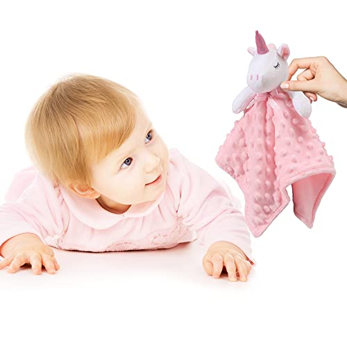 CREVENT Cozy Plush Baby Security Blanket Loveys for Baby Girls, Minky Dot Front + Sherpa Backing with Animal Face (Pink Unicorn)