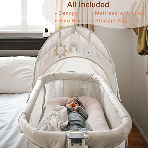 Baby Bassinet Bedside Sleeper, Baby Bed Co-Sleeper with Wheels Storage Basket, Portable Bedside Crib All Mesh, Bedside Bassinet for Baby, Infant Newborn Girl Boy, Adjustable Canopy with Toys