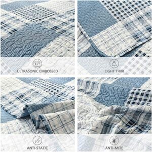 Green Essen Blue White Plaid Quilts King Size Lightweight Patchwork Quilt Soft Breathable Check Bedspread Gingham Bedding Checker Pattern Coverlet Bed Cover Set Geometric Home Decor