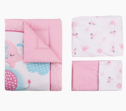 4Piece Soft Baby Girl Crib Bedding Set Pink Elephant Nursery Bedding Crib Set | Crib Comforter, Fitted Sheet, Dust Ruffle,Blanket