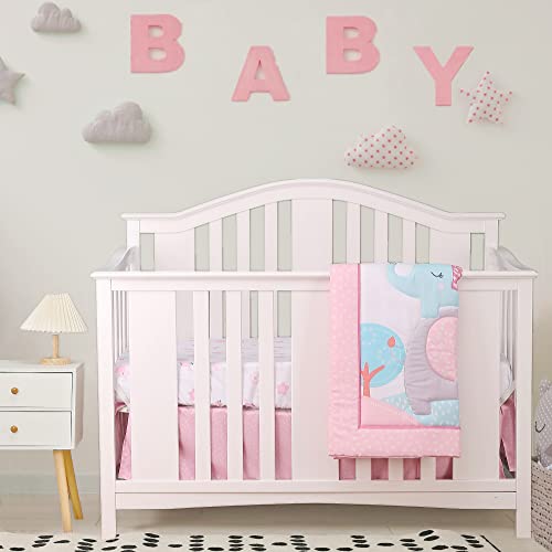 4Piece Soft Baby Girl Crib Bedding Set Pink Elephant Nursery Bedding Crib Set | Crib Comforter, Fitted Sheet, Dust Ruffle,Blanket