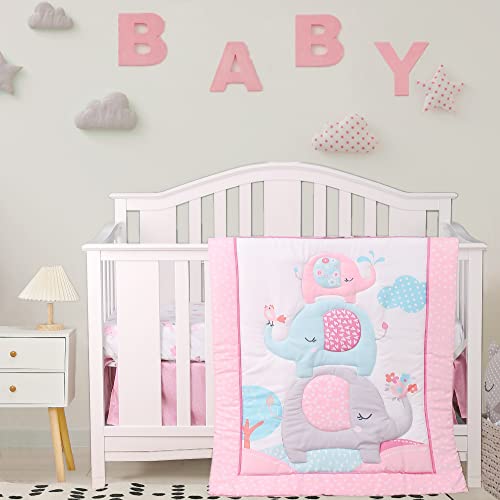 4Piece Soft Baby Girl Crib Bedding Set Pink Elephant Nursery Bedding Crib Set | Crib Comforter, Fitted Sheet, Dust Ruffle,Blanket