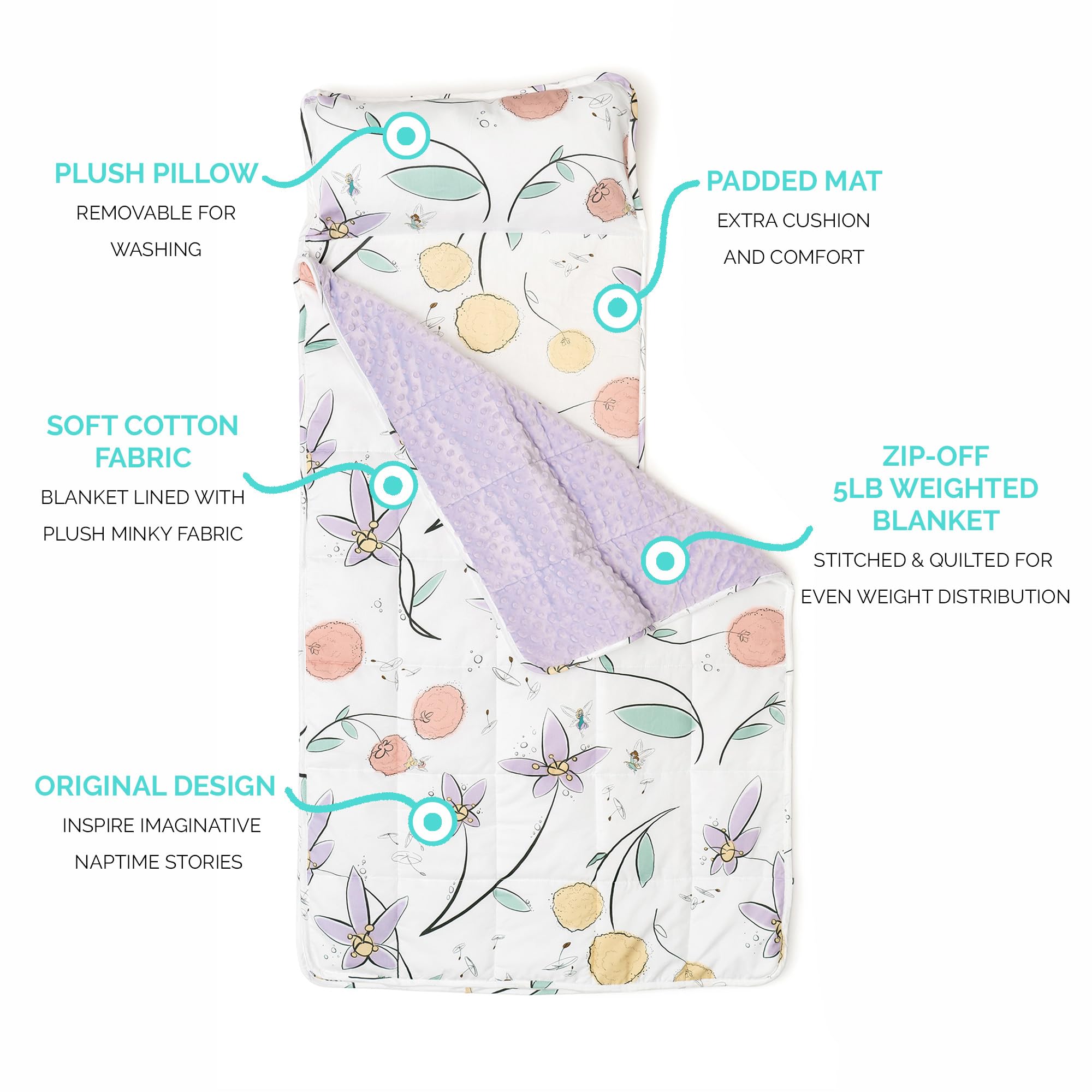 JumpOff Jo - Extra Long Toddler Nap Mat - Sleeping Bag for Kids with 5lb. Detachable Weighted Blanket and Removable Pillow for Preschool, Daycare, and Sleepovers - 53 x 21 Inches - Fairy Blossom