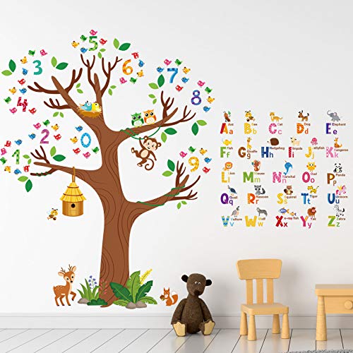 3 Sheets Animal Alphabet and Numbers Tree Wall Decals ABC Letters and Birds Numbers Peel and Stick Wall Stickers for Welcome Back to School Classroom Decorations Kids Bedroom Living Room