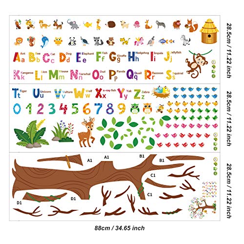 3 Sheets Animal Alphabet and Numbers Tree Wall Decals ABC Letters and Birds Numbers Peel and Stick Wall Stickers for Welcome Back to School Classroom Decorations Kids Bedroom Living Room