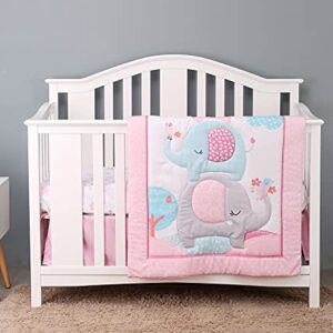 Luxanna Crib Bedding Set Pink Elephant 3 Pieces Baby Nursery Bedding Sets with Baby Comforter,Crib Fitted Sheet, Crib Skirt for Girls