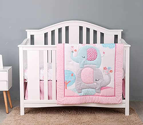 Luxanna Crib Bedding Set Pink Elephant 3 Pieces Baby Nursery Bedding Sets with Baby Comforter,Crib Fitted Sheet, Crib Skirt for Girls