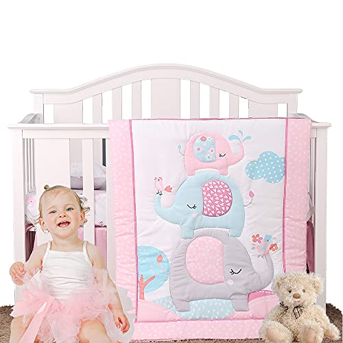 Luxanna Crib Bedding Set Pink Elephant 3 Pieces Baby Nursery Bedding Sets with Baby Comforter,Crib Fitted Sheet, Crib Skirt for Girls