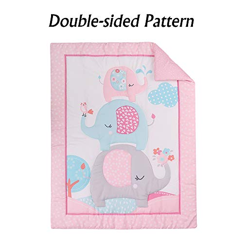 Luxanna Crib Bedding Set Pink Elephant 3 Pieces Baby Nursery Bedding Sets with Baby Comforter,Crib Fitted Sheet, Crib Skirt for Girls