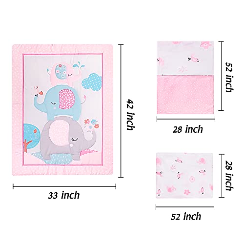 Luxanna Crib Bedding Set Pink Elephant 3 Pieces Baby Nursery Bedding Sets with Baby Comforter,Crib Fitted Sheet, Crib Skirt for Girls
