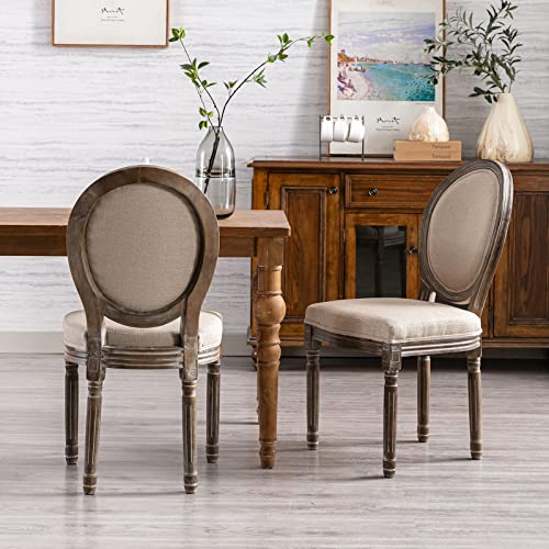 Guyou Farmhouse Dining Chairs Set of 2, Retro Upholstered Dining Room Chairs with Rattan Back French Country Accent Chair Side Chairs with Distressed Wood Frame for Kitchen Living Room (Dark Beige)