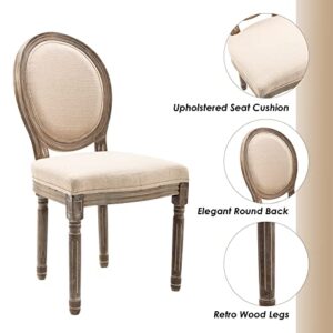 Guyou Farmhouse Dining Chairs Set of 2, Retro Upholstered Dining Room Chairs with Rattan Back French Country Accent Chair Side Chairs with Distressed Wood Frame for Kitchen Living Room (Dark Beige)