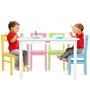 bateso wooden kids table and 4 chairs set for age 3-8, toddler table for craft, eating, learning, activity, 5 piece colorful solid children furniture for home, classroom, outside, gift for boys girls