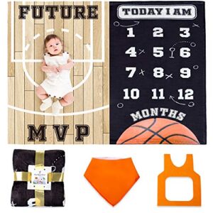 sukoon monthly milestone blanket for baby boy/girl | basketball theme | includes frame and bib | large | 47"x40" | personalized baby month blanket for newborn baby shower