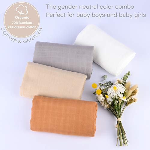 Meracorallo Muslin Swaddle Blanket Silky Soft Receiving Blanket Neutral Swaddle Wrap for Baby Boys and Girls, 47 x 47 inches, Set of 4 Solid Color