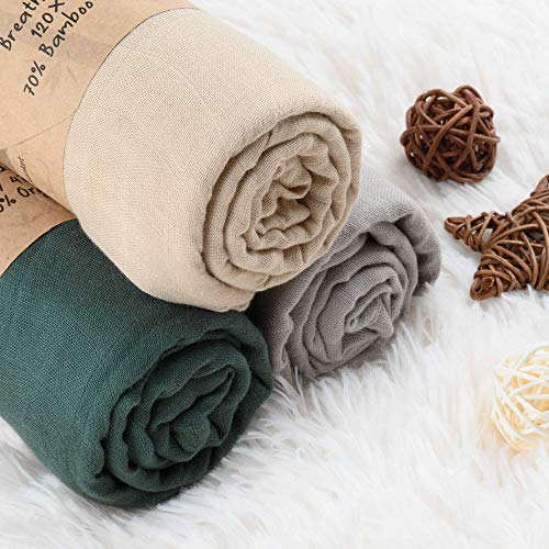 Meracorallo Muslin Swaddle Blanket Silky Soft Receiving Blanket Neutral Swaddle Wrap for Baby Boys and Girls, 47 x 47 inches, Set of 3 Solid Color (Green+Beige+Gray)
